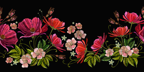 Panele Szklane  Czerwone dzikie róże kwiaty i piwonie poziome wzór. Moda lato szablon do projektowania ubrań, tekstyliów i t-shirtów. Sztuka ogrodowa