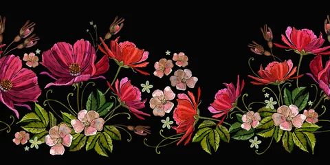 Fotobehang Red wild roses flowers and peonies horizontal seamless pattern. Fashion summer template for clothes, textiles and t-shirt design. Garden art © no_stromo