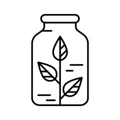 Homeopath logo. Linear bottle with plant inside icon. Black simple illustration. Contour isolated vector image on white background. Sprout with leaves as symbol of herbal medicine