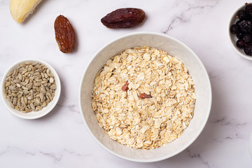 ingredients for a healthy breakfast on a white background