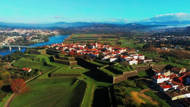 High pan of beautiful town in Portugese countryside named valenca do minho
