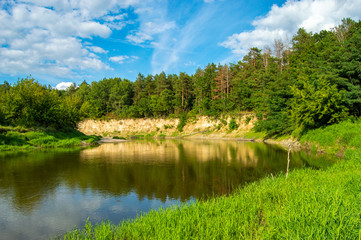 Fototapeta premium Bank of river - in foreground - bank, covered with juicy green grass, in background - precipice with forest that grows. Section of Western Bug River, which flows through Ukraine and Poland in Europe
