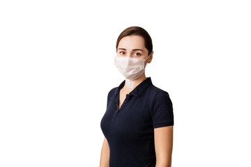 young clever woman with a medical mask on her face isolated on a white background