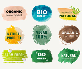 set of Organic label and natural label hand drawn brush. Tag and Sticker Farm fresh logo vegan food mark. - obrazy, fototapety, plakaty