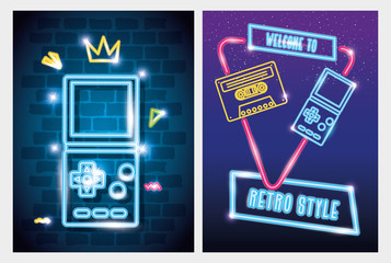 set of video game nineties retro style of neon light vector illustration design