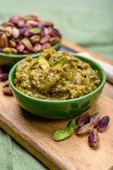 Pistachio pesto sauce made from high quality green pistachio nuts growing on slopes of Mount Etna in Bronte, Sicily, Italy