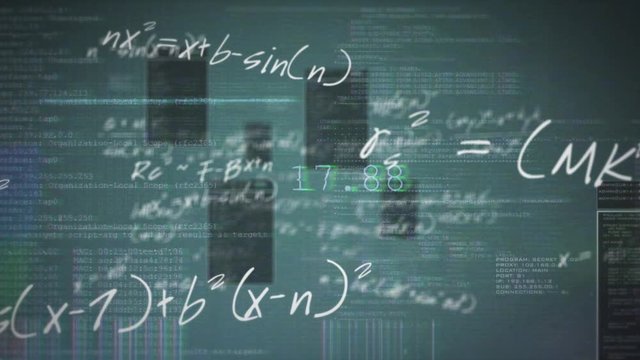 Distorted computer screen background with formulars and codes - seamless background loop animation