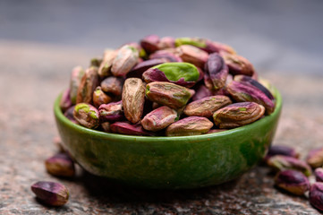 High quality green pistachio nuts growing on slopes of Mount Etna in Bronte, Sicily, Italy