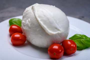 Cheese collection, soft white Italian mozzarella di bufala campana with fresh green basil leaves and red cherry tomatoes