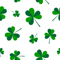 Seamless white background with clover leaf. Pattern for Saint Patrick Day. Vector graphic illustration.