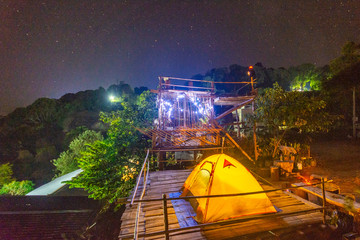 Camping orange tent at National Park in Northern,Thailand.