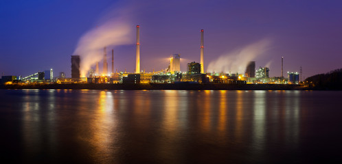 Coking Plant By River At Night Panorama