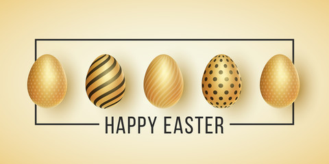 Easter label. Golden eggs with a pattern on a light background. Black frame with text. Greeting card. Holiday template for your design. Vector illustration