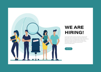We are hiring and online recruitment concept with tiny people character suitable for landing page, mobile app, banner.