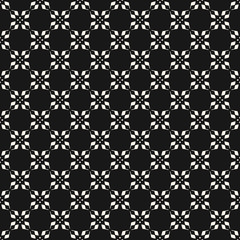 Vector geometric floral seamless pattern. Abstract black and white texture with small grid, lattice, mesh, crosses, flower silhouettes. Simple monochrome background. Stylish dark decorative design