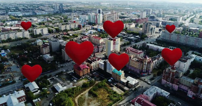 Heart emoji icons flying upwards from buildings representing dating app.