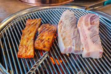 A Cuts of big meat barbecue, grilled with smoke  buffet in the restaurant.