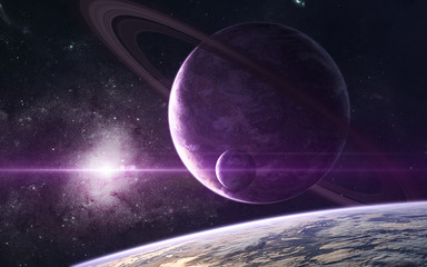 Fototapeta na wymiar Planets in bright purple light of center of spiral galaxy. Star clusters in deep space. Science fiction. Elements of this image furnished by NASA