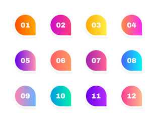 Super set bullet point on white background. Colorful gradient markers with number from 1 to 12. Modern vector illustration