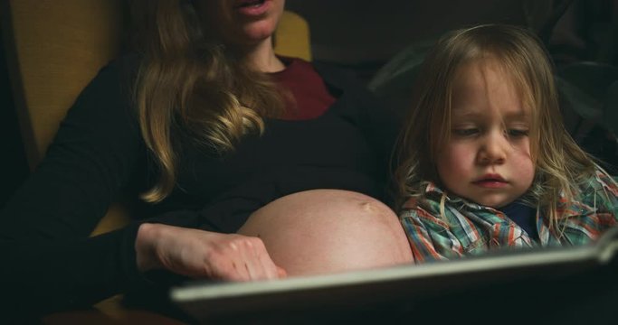Pregnant woman reading to her toddler at home