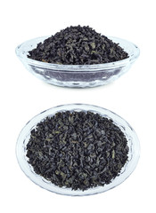 Black pekoe tea in glass bowl, top and side view, isolated on white background 