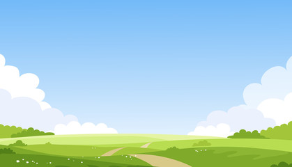 Sunny spring or summer landscape, road, meadows, sky with clouds. Green farm banner, concept of caring for nature and ecology. Flat cartoon vector illustration. © Salomi art