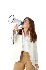 Portrait of young beautiful woman holding megaphone isolated on white background, communication and announcement concept.