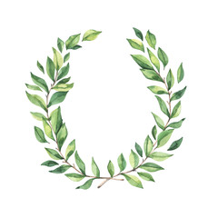 Watercolor botanical illustration. Greenery Laurel wreath clipart. Spring wreath with fresh green leaves and branches. Perfect for wedding invitations, greeting cards, blogs, posters, postcards