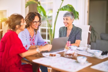 Meeting of middle age women having lunch and drinking coffee. Mature friends smiling happy using laptop at home on a sunny day