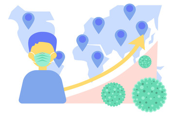 illustration of world map with  stack of pin and graph increasing insignificant in conceptual of showing about novel Coronavirus patients number is increasing so fast 
