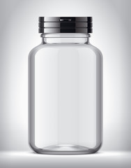 Bottle for pills on background. Transparent version. Black Cap. 