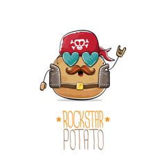 vector rock star potato funny cartoon cute character with bandana, leather jacket, sunglasses and moustache isolated on white background. rock n roll hipster vegetable funky character