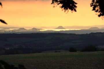 Sunrise over the Saxon Switzerland, rocks Lilienstein, fortress Koenigstein