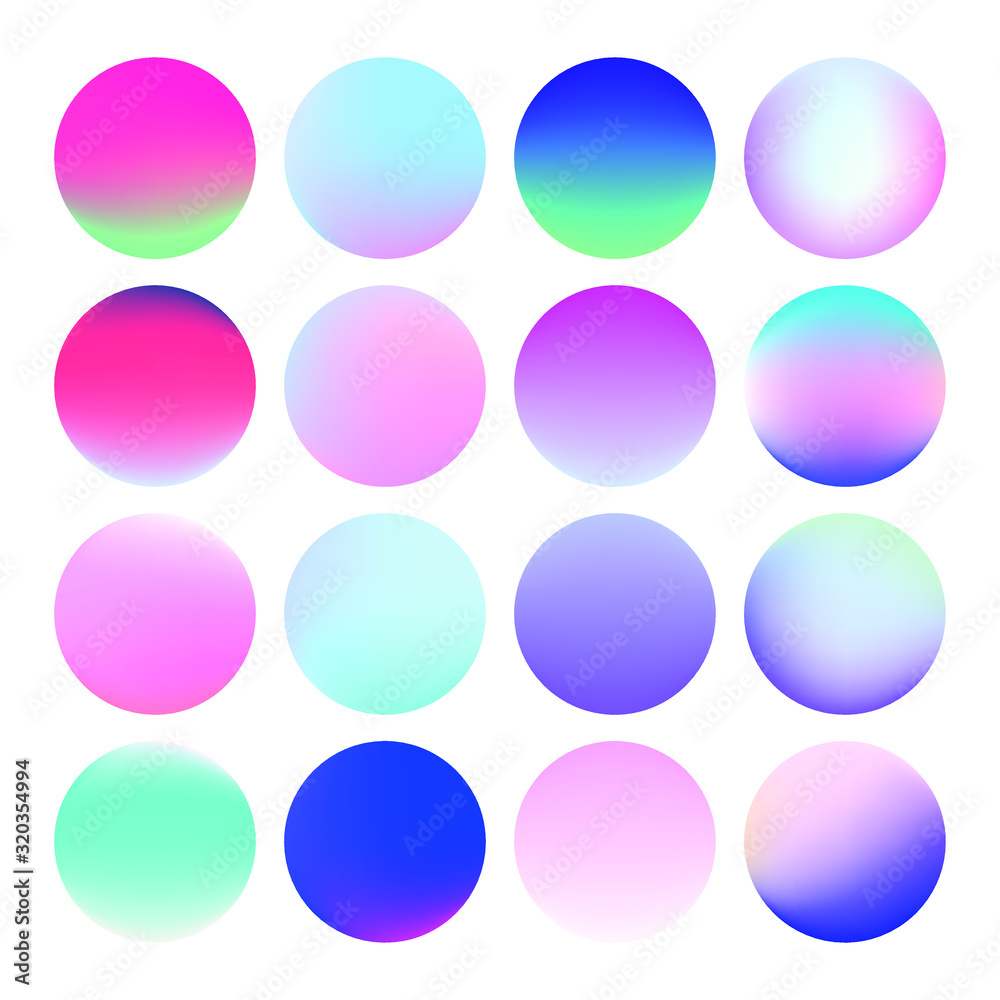 Poster set of vibrant gradient spheres or circles on white background.