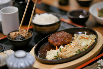 Hamburg. Japanese food with soft focus on the hamburg beef steak set.