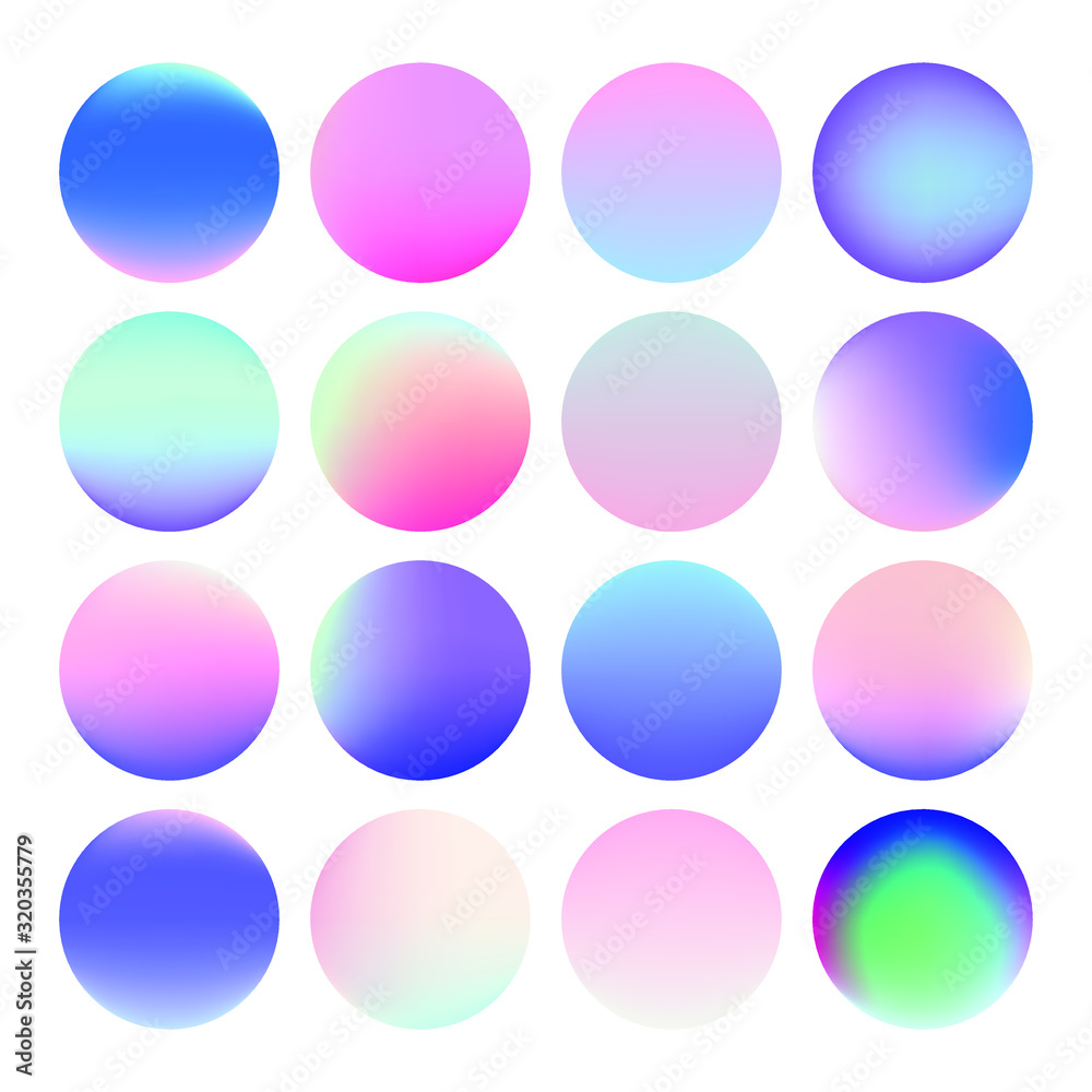 Poster set of vibrant gradient spheres or circles on white background.