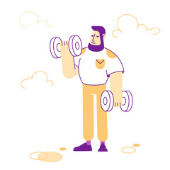 Sportsman Powerlifter Training with Dumbbells. Male Character in Sportswear Workout with Weight. Bodybuilding Exercises, Sport Activity, Healthy Lifestyle. Cartoon Flat Vector Illustration, Line Art