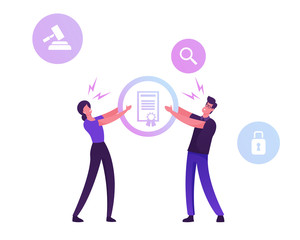 Angry Man and Woman Inventors or Authors Pulling Patent Law Certificate Having Fight for Copyright Production Authorship. Gavel, Magnifier and Padlock Icons around. Cartoon Flat Vector Illustration