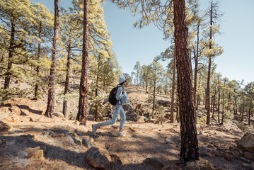 Beautiful landscape of the volcanic rocks and pine forest with young traveler walking with backpack, traveling on Tenerife island, Spain