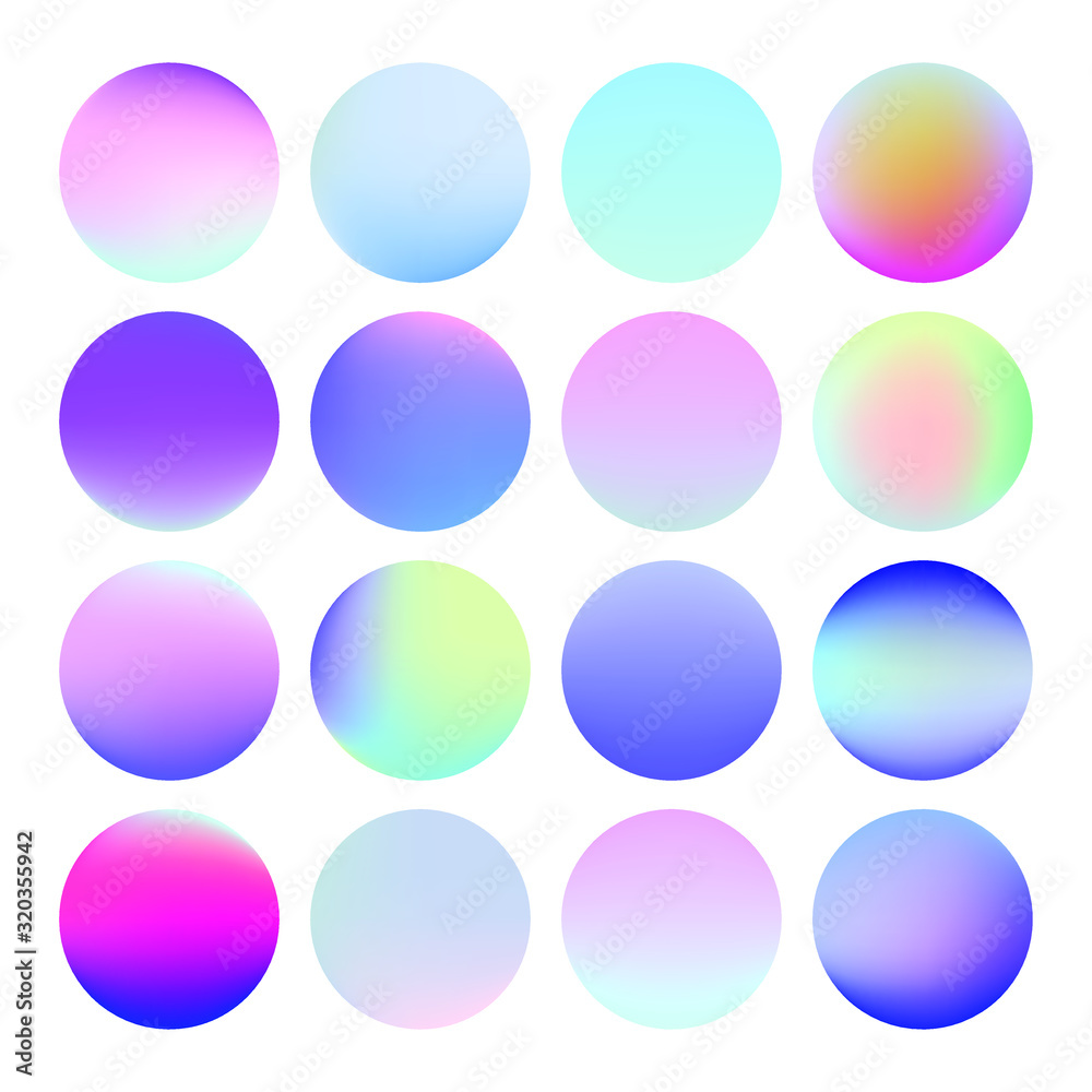 Poster set of vibrant gradient spheres or circles on white background.