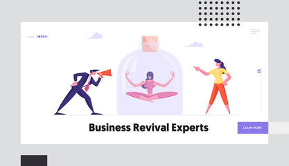 Employee Ignoring Bulling Violence in Office Website Landing Page. Businesspeople Crying to Loudspeaker on Girl Sitting in Jar in Meditation Posture Web Page Banner. Cartoon Flat Vector Illustration