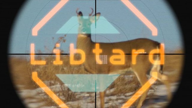 A clip of a deer being watched through the crosshairs of a rifle with the word "Libtard" flashing in front.