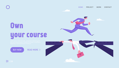 Strongest will Survive Website Landing Page. Business Man in Suit Running over Head of Colleague Lying between Broken Bridge Sides, Goal Achievement Web Page Banner. Cartoon Flat Vector Illustration