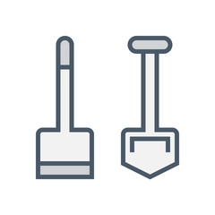 Hoe or spade and shovel vector icon. Hand tool for agriculture at garden, farm, yard, backyard. Include handle, steel for dig, scoop of soil, snow, ground, earth, plant and weeding. Editable stroke.
