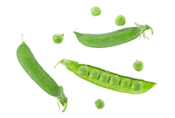 Top view of fresh green pea pods and peas isolated on a white background