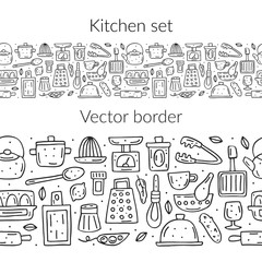 Kitchen elements cute doodle hand drawn cartoon vector seamless border, pattern. Monochrome design. Isolated on white background. Cooking equipment, food, kitchenware, herbs. Design elements. 