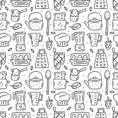 Kitchen elements cute doodle hand drawn cartoon vector seamless pattern, background, texture, wallpaper. Monochrome design. Isolated on white background. Cooking equipment, food, kitchenware, herbs. 