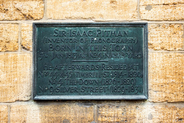 Isaac Pitman memorial plaque on the wall of the Trowbridge Town hall