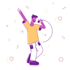 Happy Man Having Fun Singing at Karaoke Bar or Night Club. Male Character with Great Mood Having Party Performing Song at Birthday or Event Celebration. Cartoon Flat Vector Illustration, Line Art