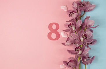 March 8. Women's day. Branch of a pink Cymbidium Orchid on a pink-blue background with hearts